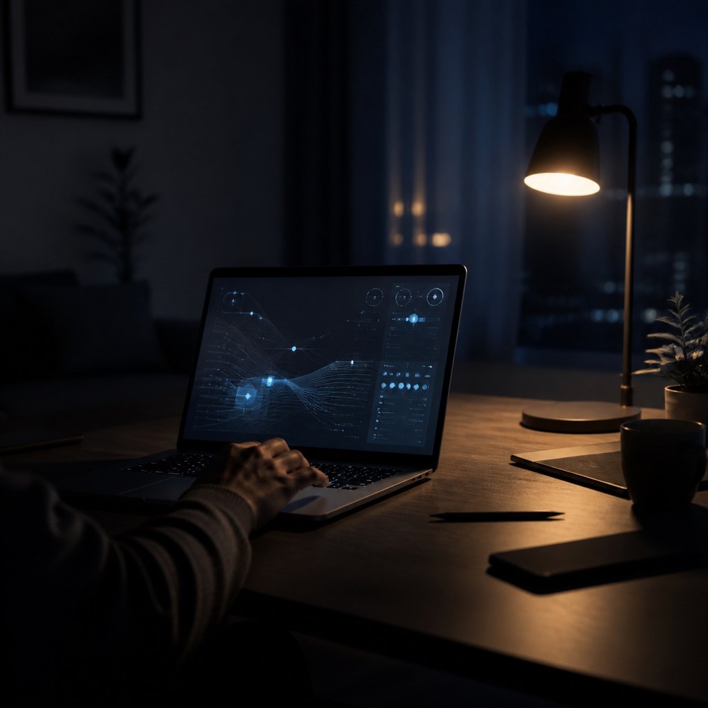 Ночная работа со светящимся интерфейсом